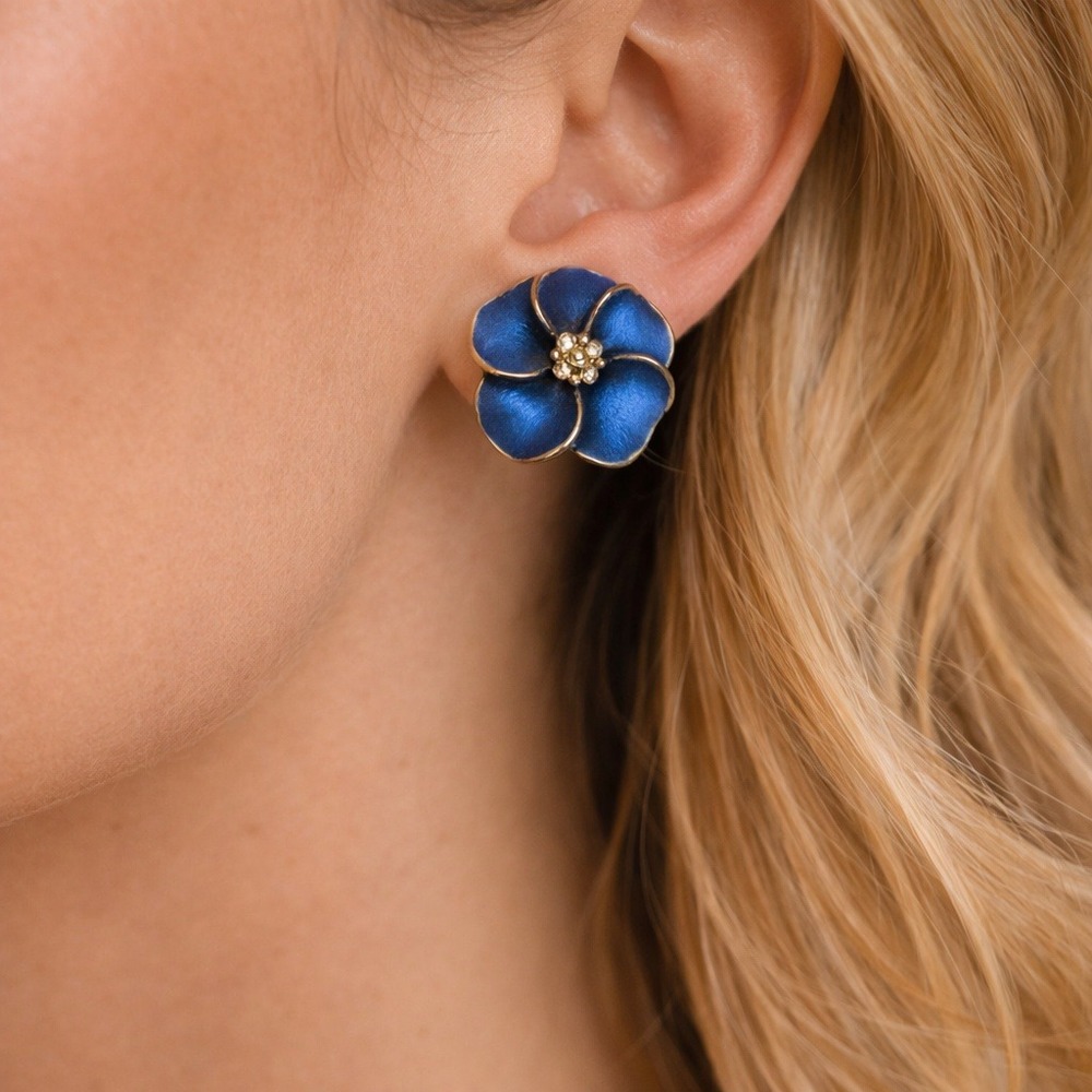 Blue Enamel Flower Clip On Earrings Gold Tone Rhinestone Floral Statement VTG
